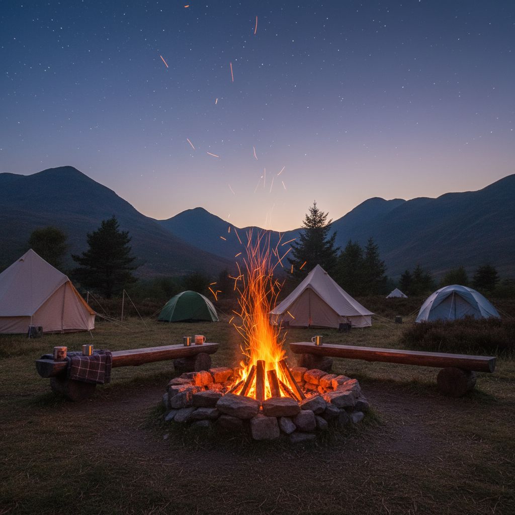 Campfire scene at twilight with sparks rising against a starry night sky and camping tents visible in the background