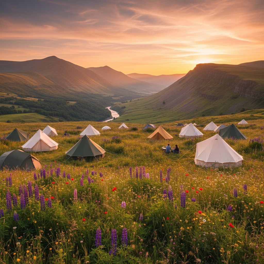 Golden hour sunset over bell tents in wildflower meadow with stunning valley views